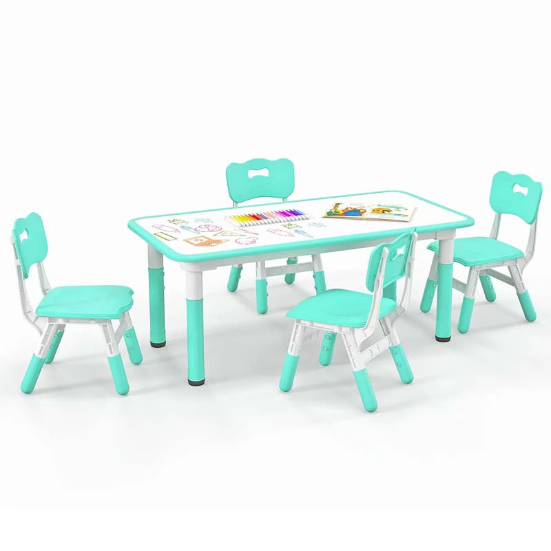 0ef931ec75fe639e4223801f2b471c9a0b67e21c88b07a6461a220fed3e89426.webp Kids Table and 4 Chairs Set, Height Adjustable Toddler Art Activity Desk with 4 Seats & Graffiti Desktop for Home, Daycare & Playroom - Image 1