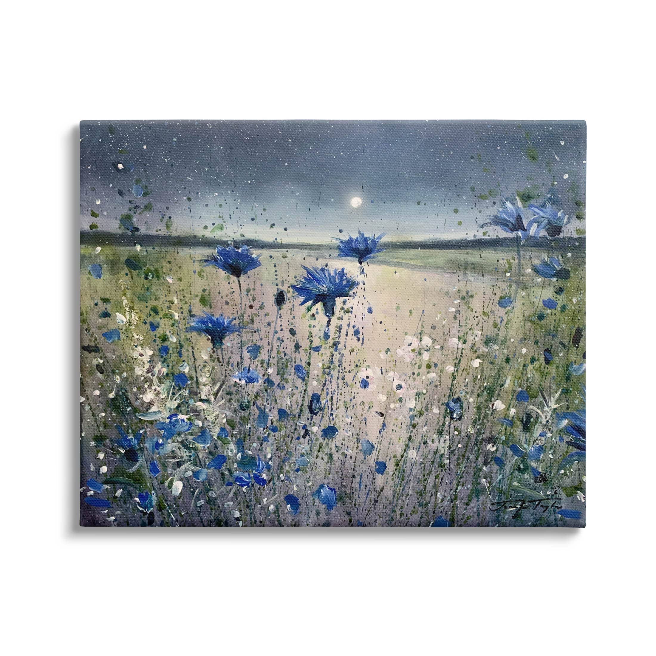 0f1ad245e9d80fa4f5ed7d8760a54db9ab4c40317ce57a228683be4453434d1f.jpg Stupell Industries Blooming Blue Flowers Night Moon Canvas Wall Art, Design by Jennifer Taylor Art - Image 1
