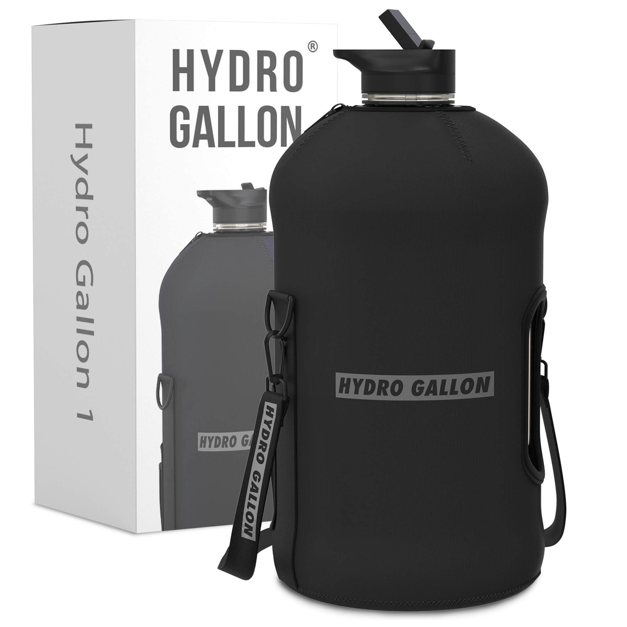 0f362077f52b1609bc2c52e072d000c64d5b82a138ba0293d7f495470989d839.jpg Hydro Gallon - 1 Gallon Water Bottle with Storage Sleeve and Straw Lid, Handle, Motivational Time Marker No Words, Pocket, Shoulder Strap Leakproof - Image 1