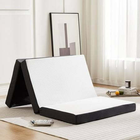 0f559580149b349d7cd16d816004aa9a930941ce4e30e00269a63360281c09e5.jpg Folding Mattress, 4 inch Tri-Fold Memory Foam Mattress Topper for Camping, Foldable Mattress Topper with Washable Cover, Single size, White - Image 1