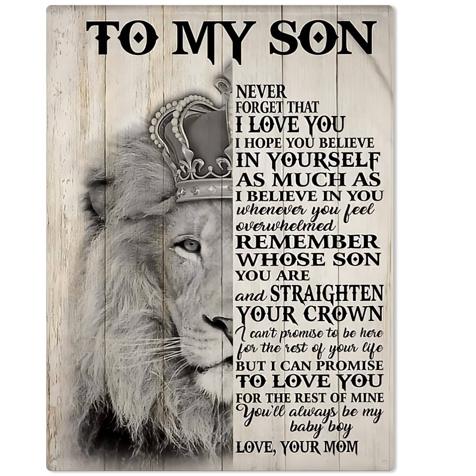 0f63db0201dff6fc69001c3c72007c3a72f55bb09618507fdea1990109b09f2b.jpg Plaques for Son Gift Decoration My Son Never Forget I Love You Be Love from Mom Metal Tin Sign 8x12 inch - Image 1