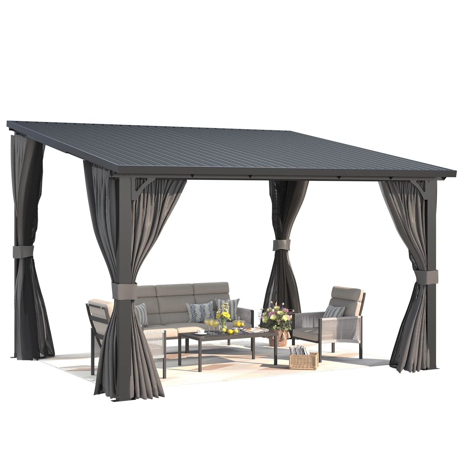 0f67e7c49a2ebaa15c8307ed32cd430e62f571848f3900c4bf26c46bbf88dee0.webp AECOJOY 12'x10' Outdoor Hardtop Metal Gazebo with Curtain and Netting - Image 1