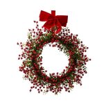 Holiday Time Non-Lit Red Berry Velvet Bow Boxwood Wreath Decor, 24 inch Tall, 20.46 oz