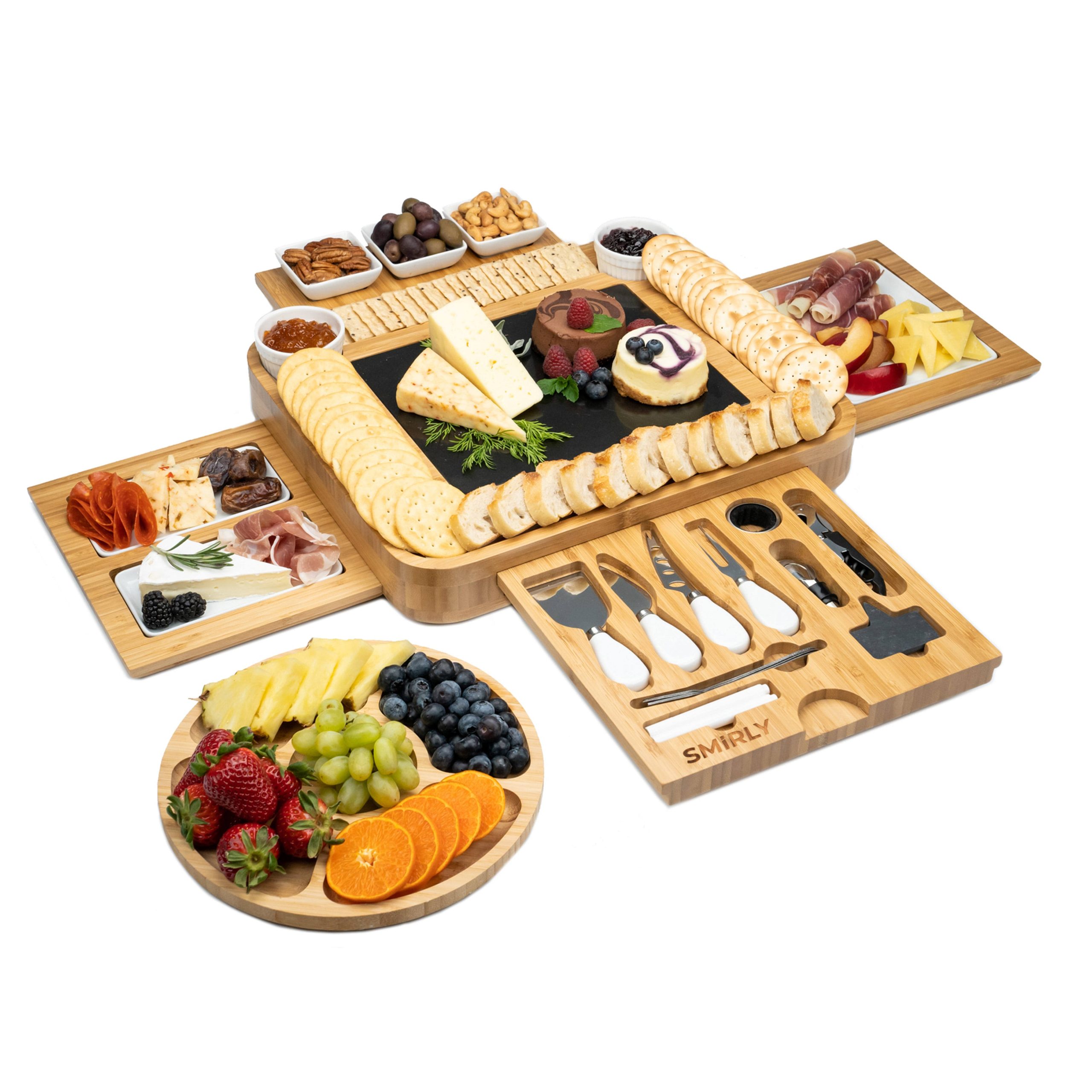0ff1e47b914c0b56711fc36df8f453338740292a23b490991aba7f96b9050695.jpg Smirly Bamboo Cheese Board and Knife Set: Extra Large Charcuterie Board Set - Image 1