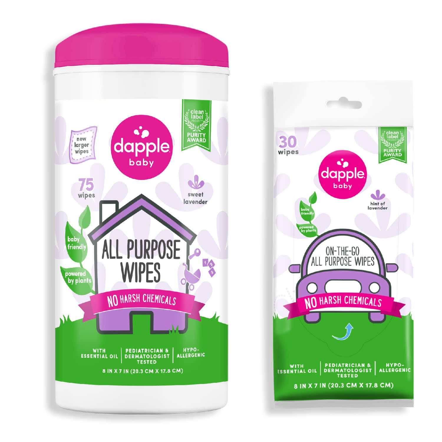 0ff4e872b771b6f36c0a150b290ba778d60fc00a52f79854ee0613da01a93b4a.jpg Dapple All Purpose Wipes Baby, Hint of Lavender, 75 Count Canister + 30 Count Pouch - Plant Based & Hypoallergenic Cleaning Wipes - Image 1
