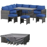 AECOJOY 7 Pieces Outdoor Wicker Rattan Dining Sofa Set with Waterproof Cover, Grey & Blue