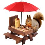 SKWIRRLE Squirrel Feeder Picnic Table with Umbrella, Wooden Squirrel Feeders for Outside with Corn COBs, Cute Chipmunk Feeder with Solid Structure for