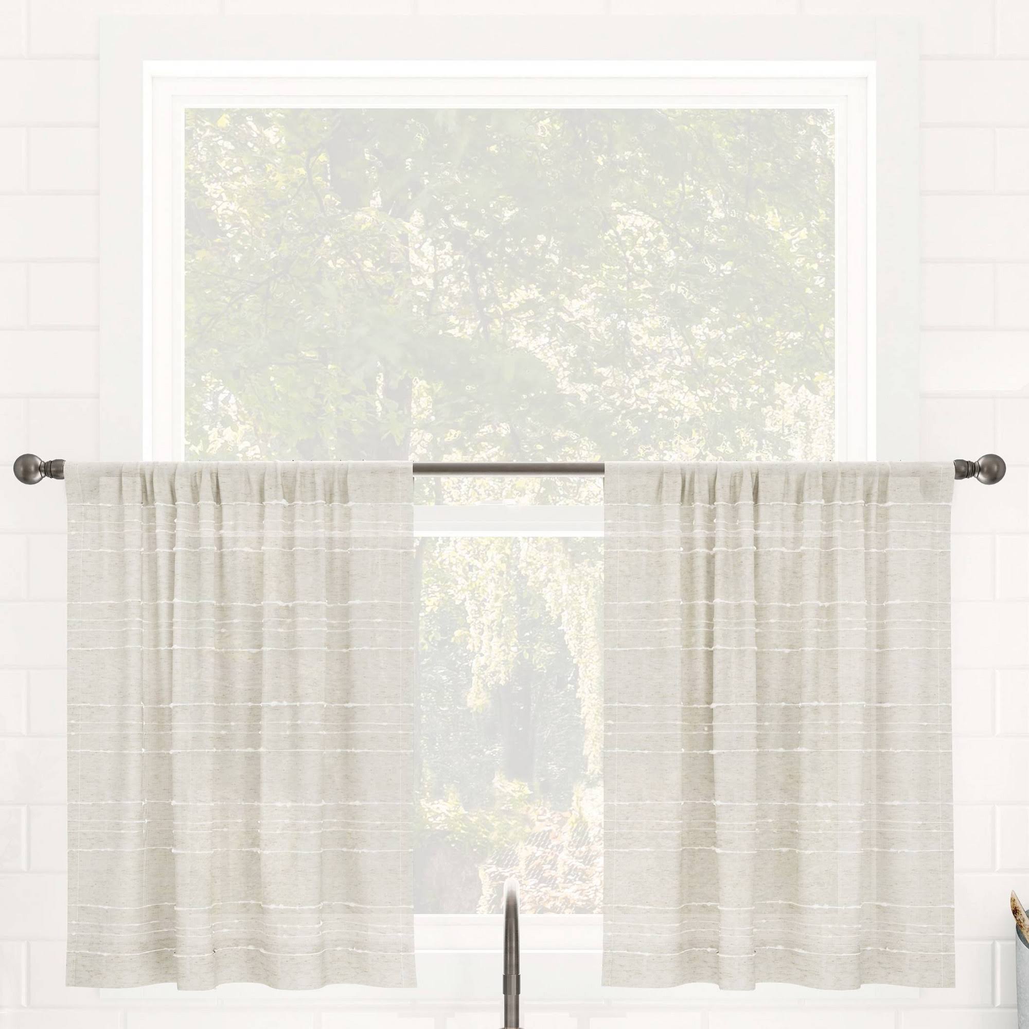 10690ad45725367080bd63a975877d7e0767b3f16b8a44db0c14ecce37a7b64f.jpg Clean Window Textured Slub Stripe Anti-Dust Linen Blend Sheer Cafe Curtain Pair - 52" x 24" - Image 1