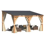 AECOJOY 14x10 Outdoor Wooden Pergola Gazebo with Curtains and Netting for Patio