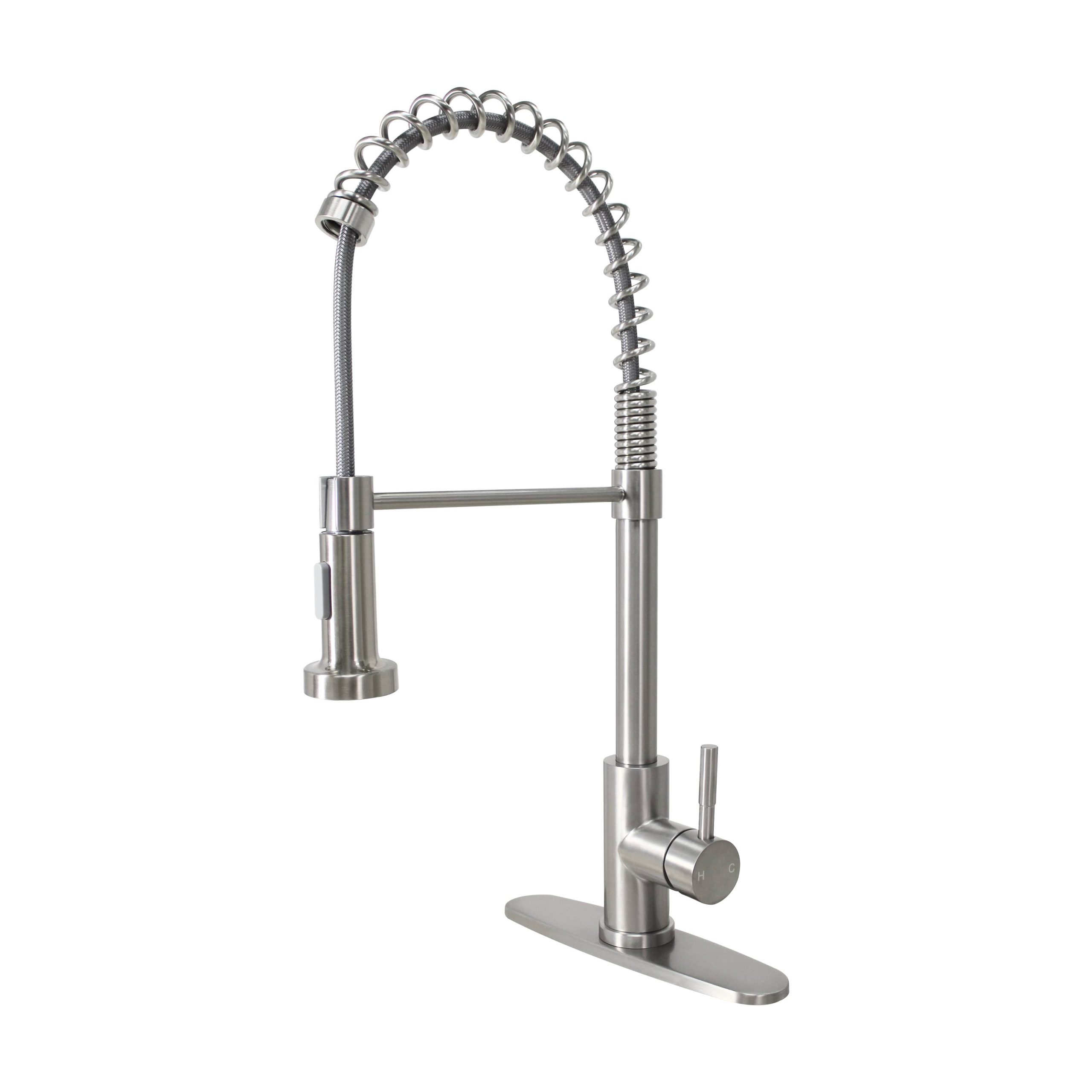 10cc195b37cc4253b4fce9d3270dcb868a5bf4507e52aca6125c71401e37c179.jpg Better Homes & Gardens Elmont Single-Handle Spring Neck Pull Down Sprayer Kitchen Faucet, Satin Nickel, Silver - Image 1