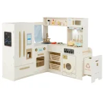 Corner Kids Kitchen Playset with Trash Can, Real Lights & Sounds, 2-Door Fridge, 22 Accessories, Wooden Pretend Play Kitchen for Toddlers 3+