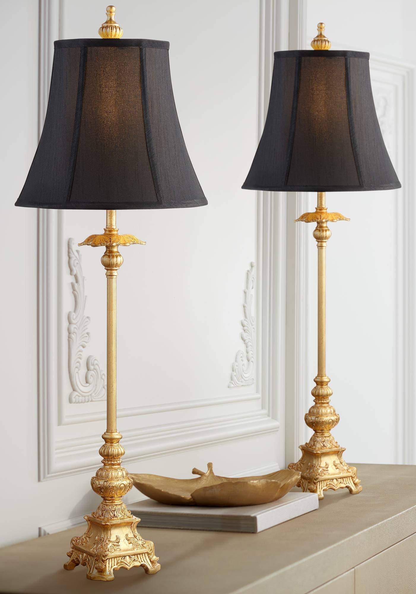 113ef934b7f8a1bdf2af2b554a1f5d8e65cb45293b1a3f2c623b3244646f1909.jpg Regency Hill Traditional Buffet Table Lamps Set of 2 Gold Intricate Details Black Fabric Bell Shade for Dining Room - Image 1