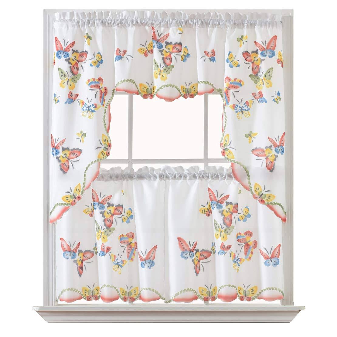 114f3913b521f2019a16d6e1d93935e078b34d3ae1549363abe178f41f32863d.jpg GOHD - 3pcs Kitchen Curtain/Cafe Curtain Set, Air-Brushed by Hand of Flying Butterfly Design. (Swag & 24 Tiers Set) - Image 1