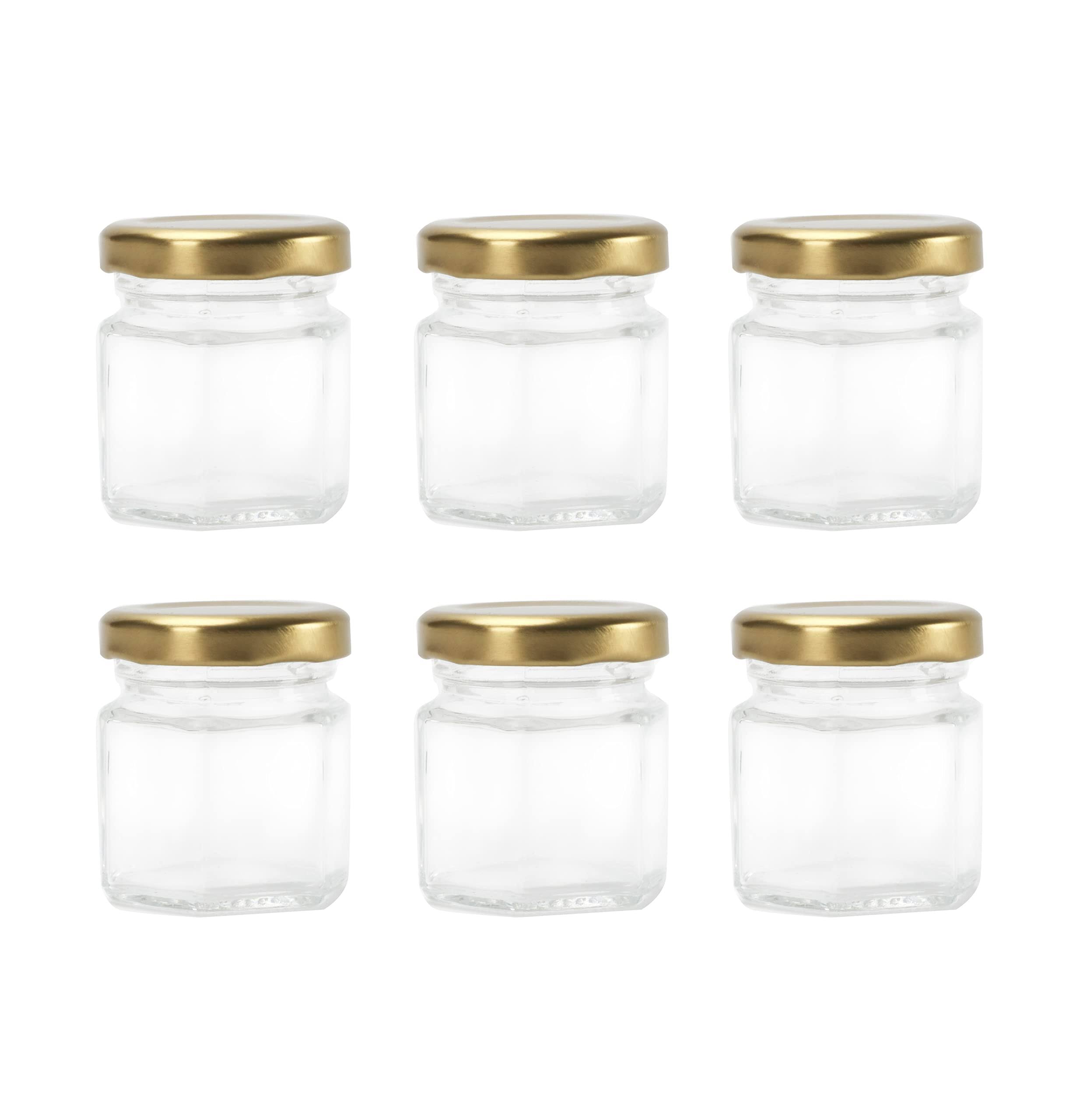 117115a034e82bf4620e2c24cb348e6162766dd003083a57099cfedc1110f8be.jpg Rormket 1.5oz 6Pack Mini Glass Hexagon Honey Jars Gold Lids, Jam Honey Dipper,Wedding Favors,Baby Food,Candle,Crafts Canning Jar,Glasses Jar (Golden) - Image 1