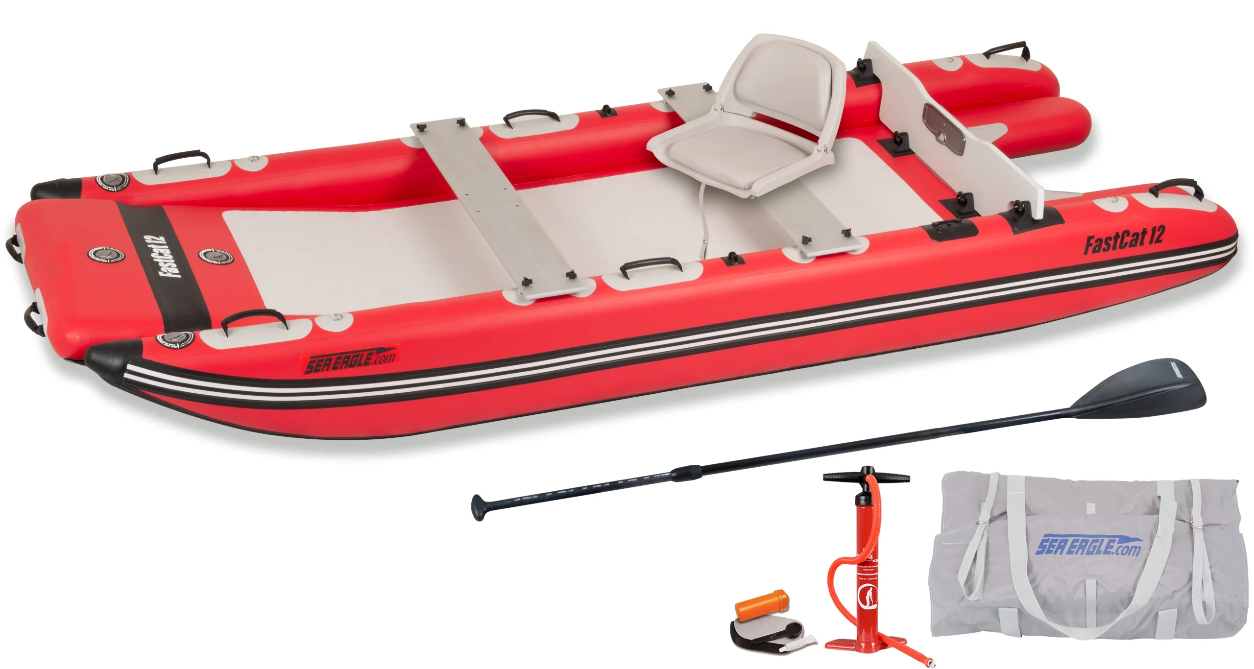 1216c65c92254a433af6517487a28d2e3b44cdc6bc15c43a3b9f1672fd9649e2.webp Sea Eagle Fastcat12 Inflatable Catamaran Boat Deluxe Package - Image 1