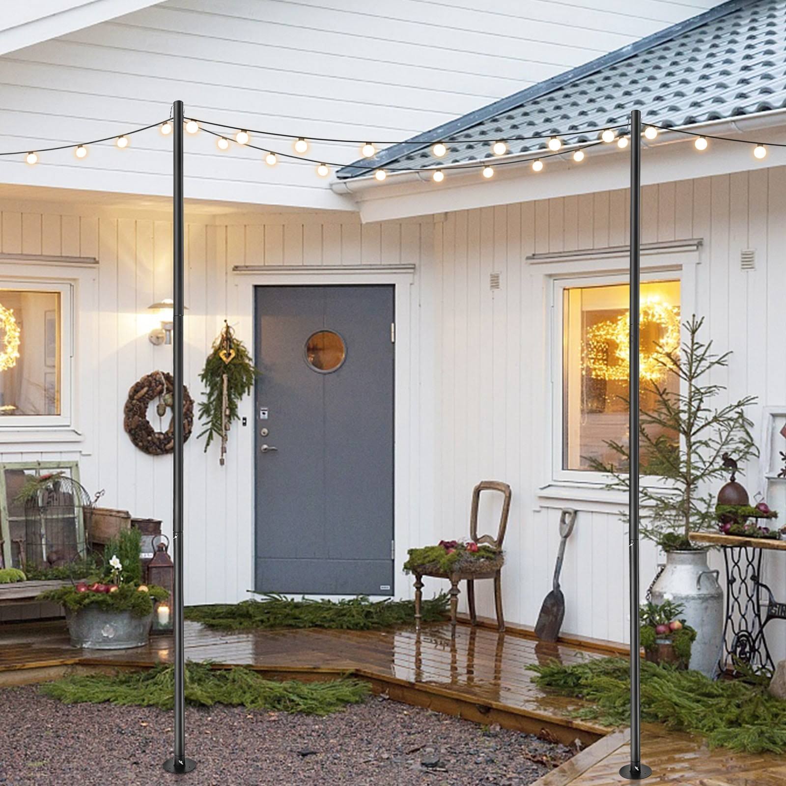 1277bdcd1d5edecdb8c0418900578095c1f860c4c7e5d28897dfc3fa0778cfbb.jpg VEVOR String Light Poles, 2 Pack 10.6 ft, Outdoor Powder Coated Steel Lamp Post with Hooks to Hang Lantern and Flags, Decorate Garden, Backyard, Patio - Image 1