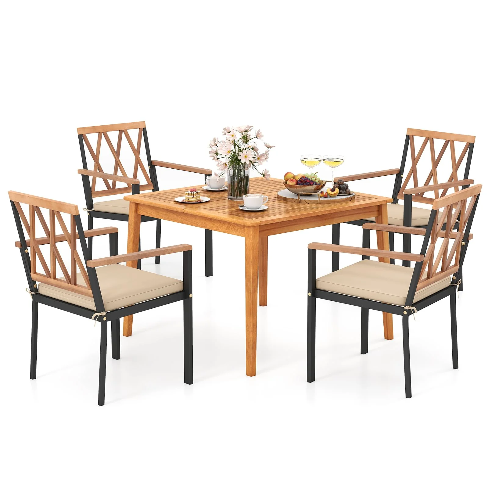 128bda277261169f44dccdfe7dbf35b851166f97786a7897bee8fa57d86c8be0.webp Tangkula 5 Piece Patio Wood Dining Set Outdoor Square Acacia Table Metal Chairs Set - Image 1
