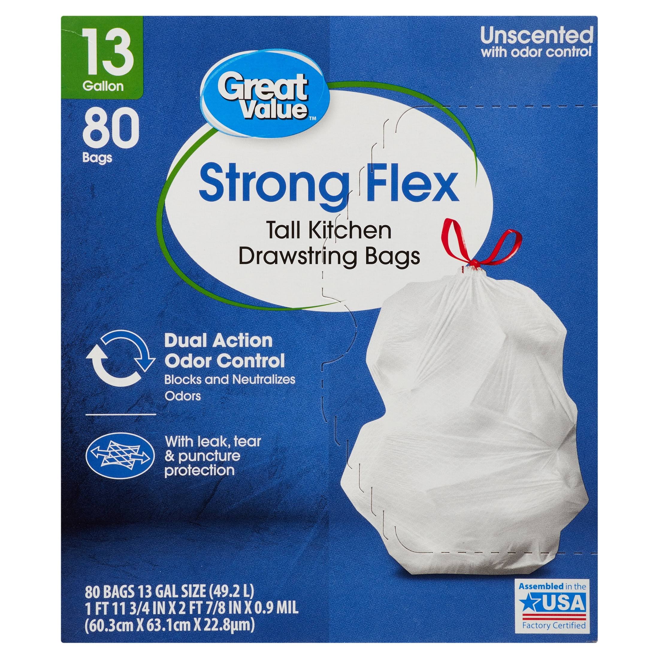 1327f0063654d202cce0db720191e7f5c4b8a2e641ef9360229513fadff61ab5.jpg Great Value Strong Flex Tall Kitchen Drawstring Bags, Unscented, 13 Gallon, 80 Count - Image 1