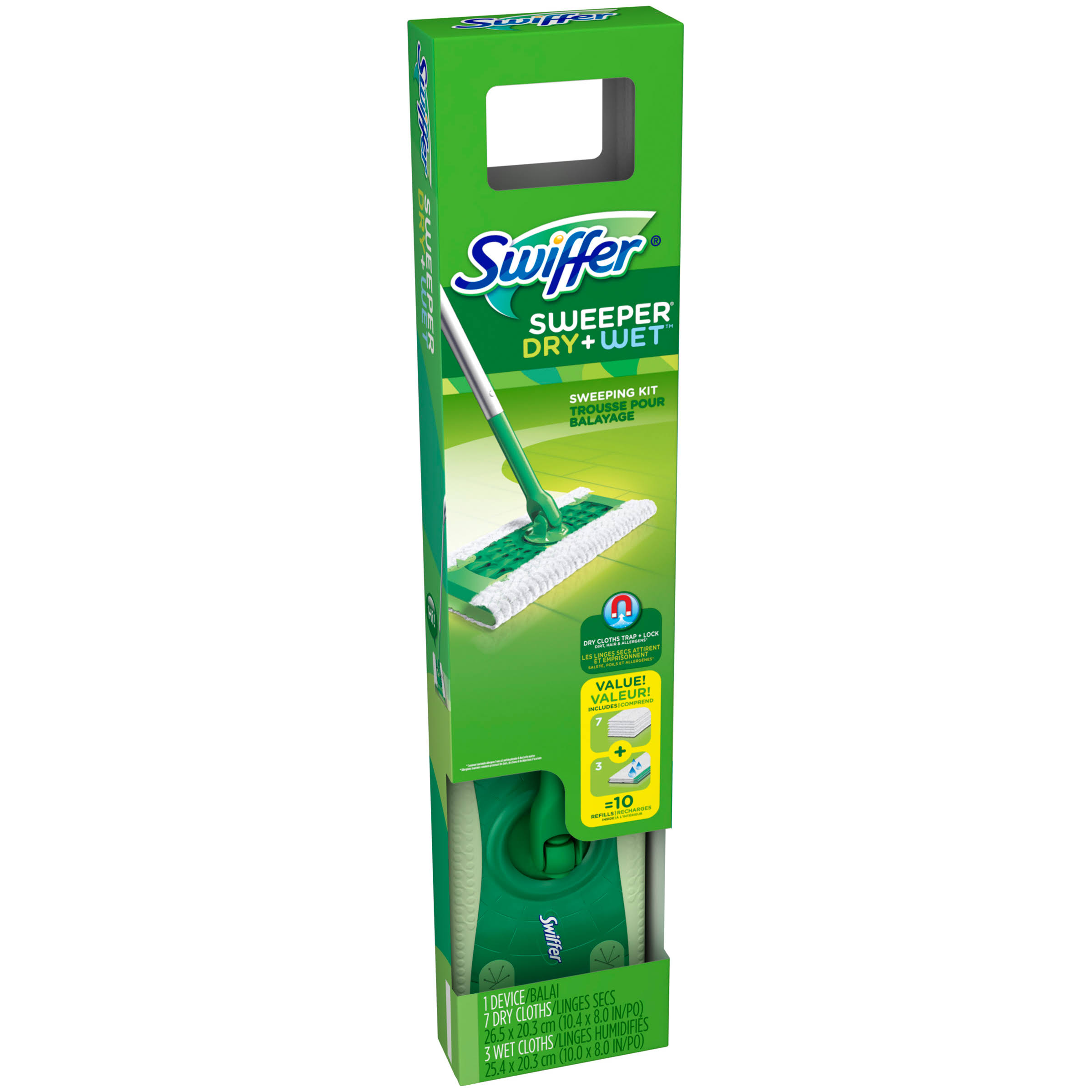 1344b60fe1355c36eb5fadacebb0be2e42c4643b710a411f241d041aeccb5caf.jpg Swiffer Sweeper Dry + Wet All Purpose Floor Mopping and Cleaning Starter Kit with 1 Mop and 10 Refills - Image 1