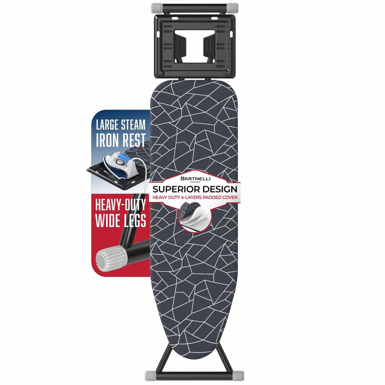 136486bce0ae2bde37a28e50bbefcb6f2cc408d5075cc26c646b39dfe112280b.jpg Bartnelli Ironing Board | Space-Saving and Ultimate Iron Board Experience 13x43 | Reinforced Steel Legs, Adjustable Height, 4-Layer Padding, Patent - Image 1