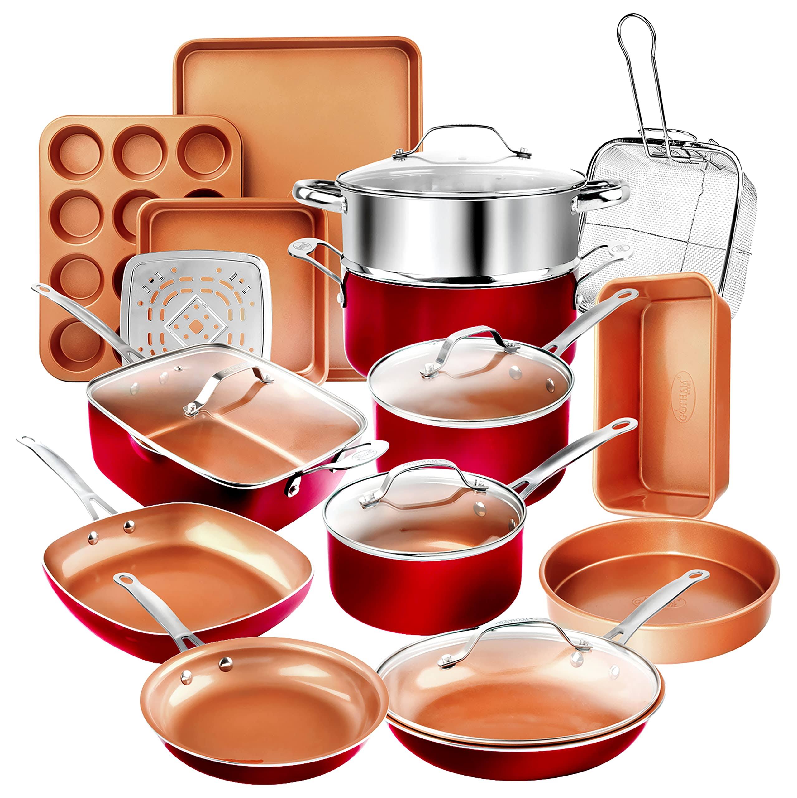 13b43c0b4b1b166e37367dc9a4e910e77b1dca2776871885c91587b52b057608.jpg Gotham Steel Cookware + Bakeware Set with Nonstick Durable Ceramic Copper Coating ÿ Includes Skillets , Stock Pots , Deep Square Fry Basket - Image 1