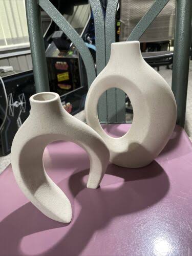 13b86c18bec270a51a861d720d52c9583df2e6c102dba776e528508ec376a31f.jpg GOLDTIMO White Ceramic Vase for Decor, Modern Home D��cor Vase Set of 2, Circle Matte Hollow Donut Pampas Flower Vases Nordic Boho Ins Style for - Image 1