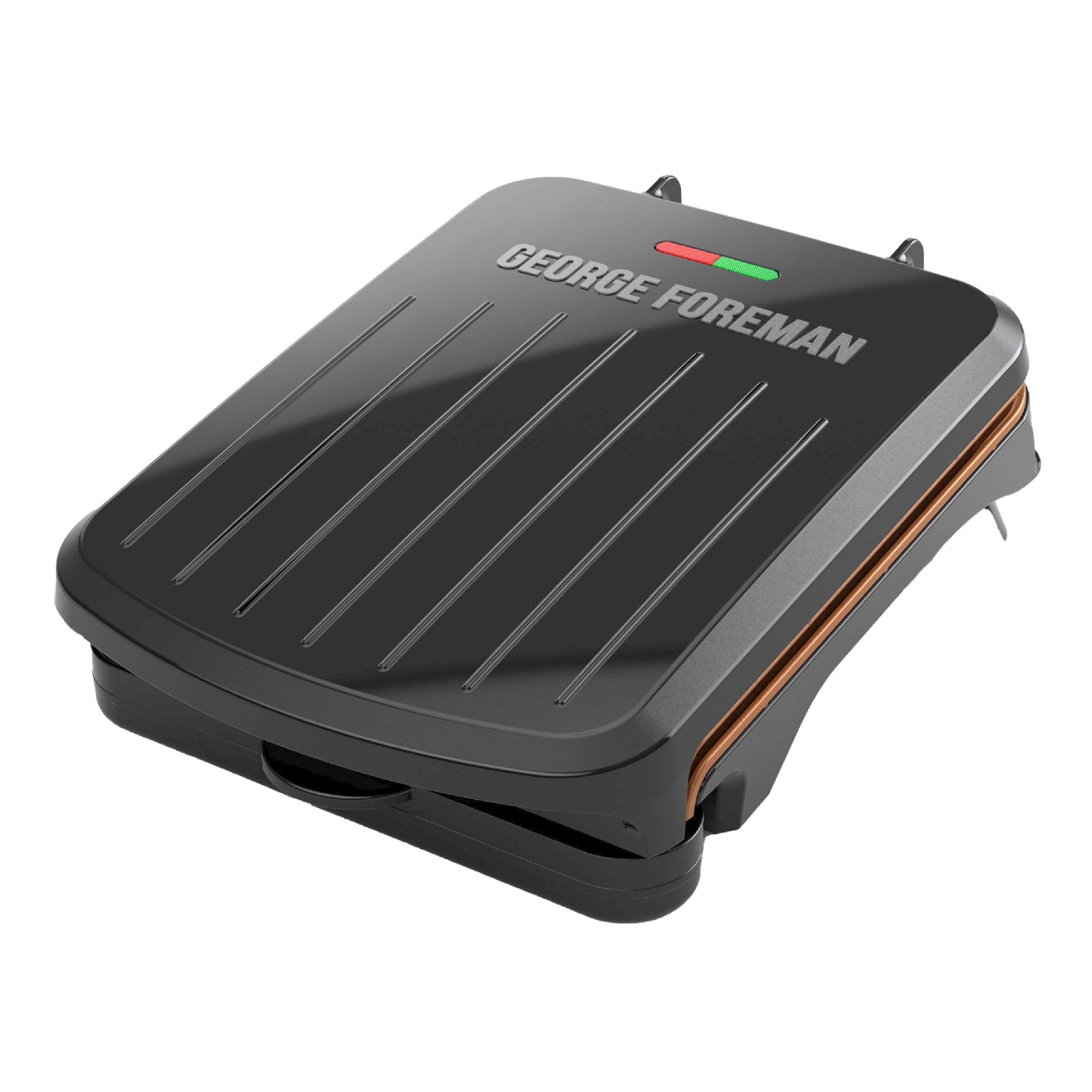 13d356e9878a202bcdda0168bde853fc0f36137ab6665fa1610a90fb19b5fc4a.jpg George Foreman GRS040BC 2-Serving Classic Plate Electric Indoor Grill and Panini Press - Black with Copper Plates - Image 1