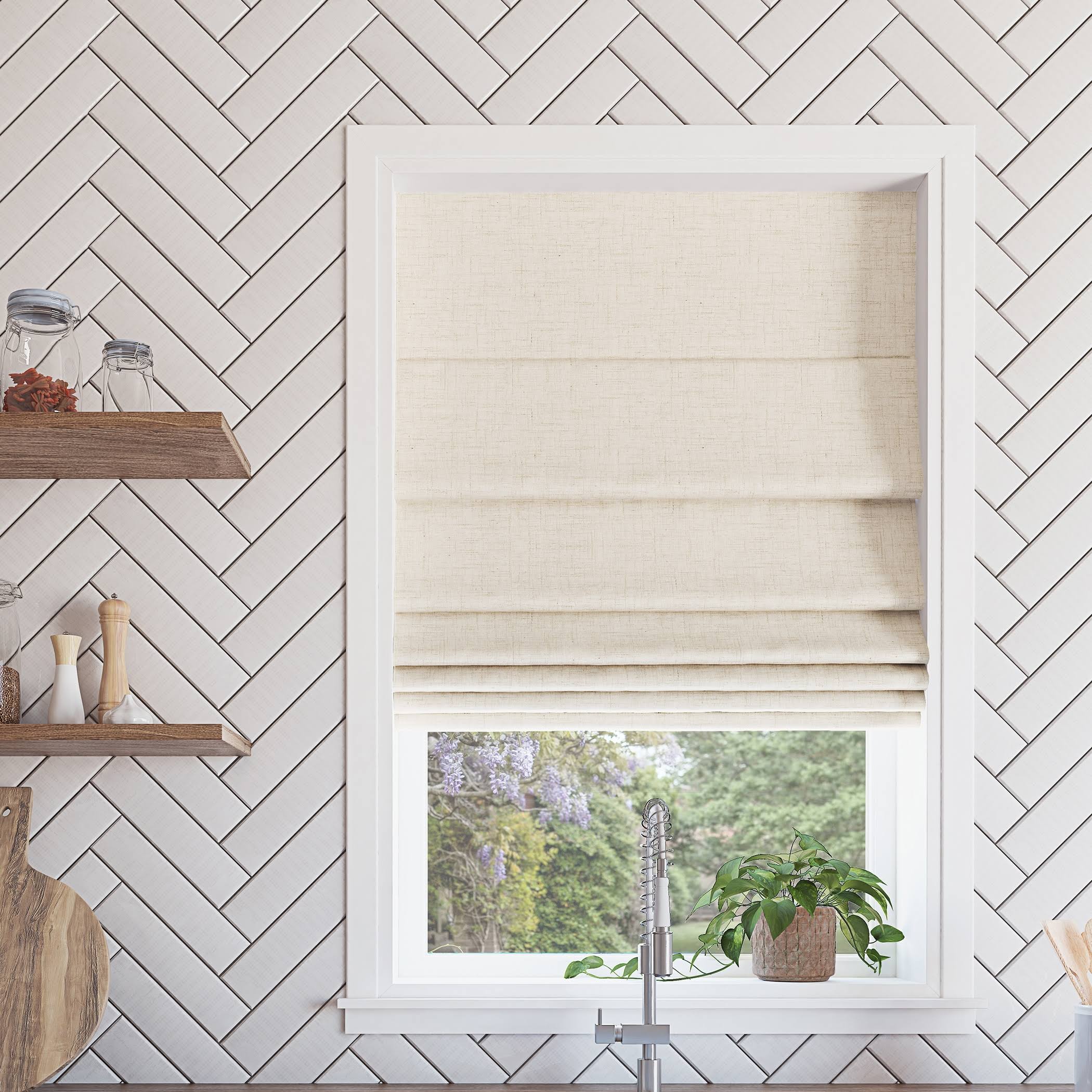 13fbe07519560415157039fca58c3d0fda9e8c853ae39ba7d94294ef333e23fc.jpg Sun Zero Somerton Textured 100% Blackout Cordless Roman Shade - Linen - 27x64 - Image 1