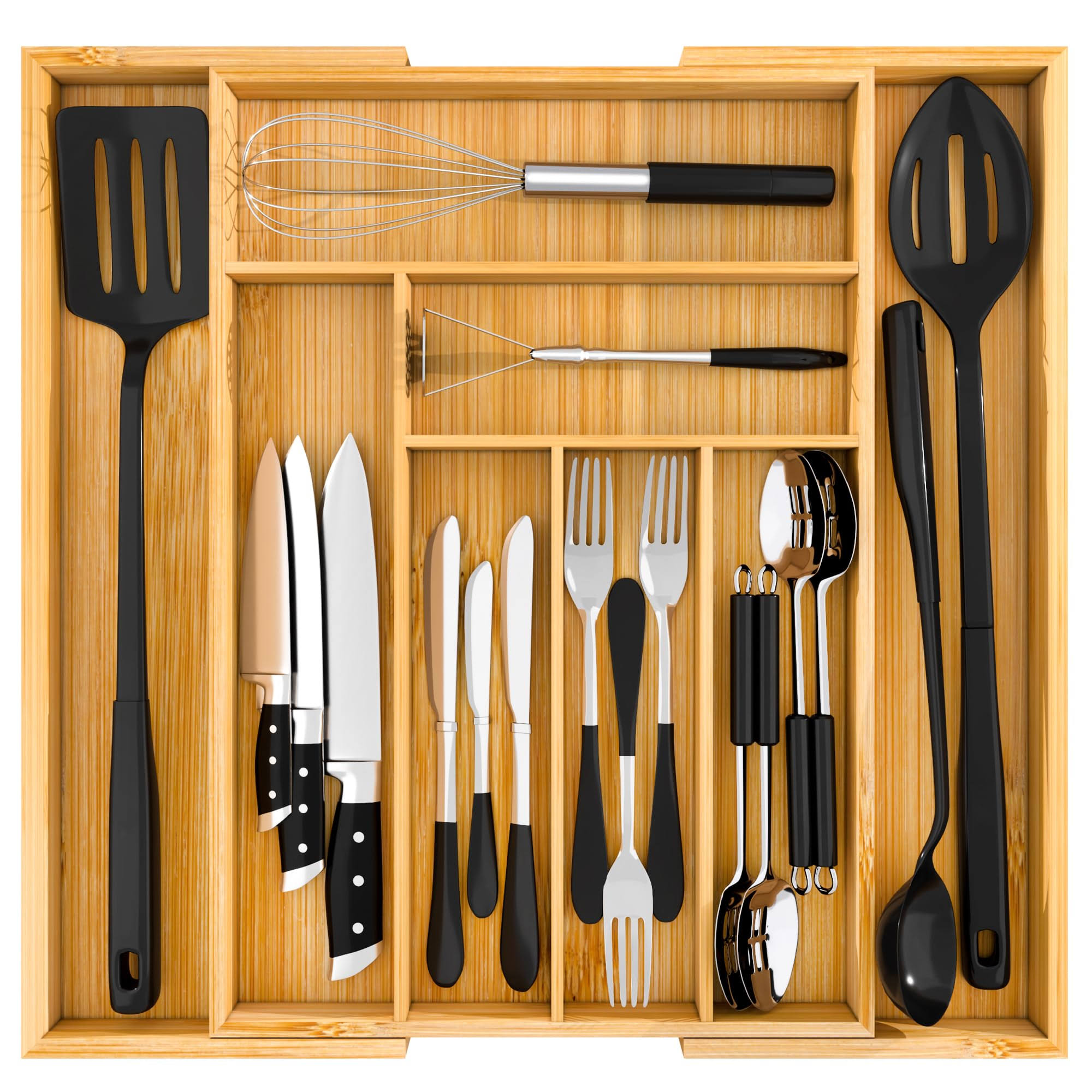 13fe907b94bfab3db279b203f1517245b1d13f348fb4700093174fb71c1c83a5.jpg Utopia Kitchen Bamboo Cutlery & Knives Tool Tray - 8 Compartments - Expandable Organizer - Image 1