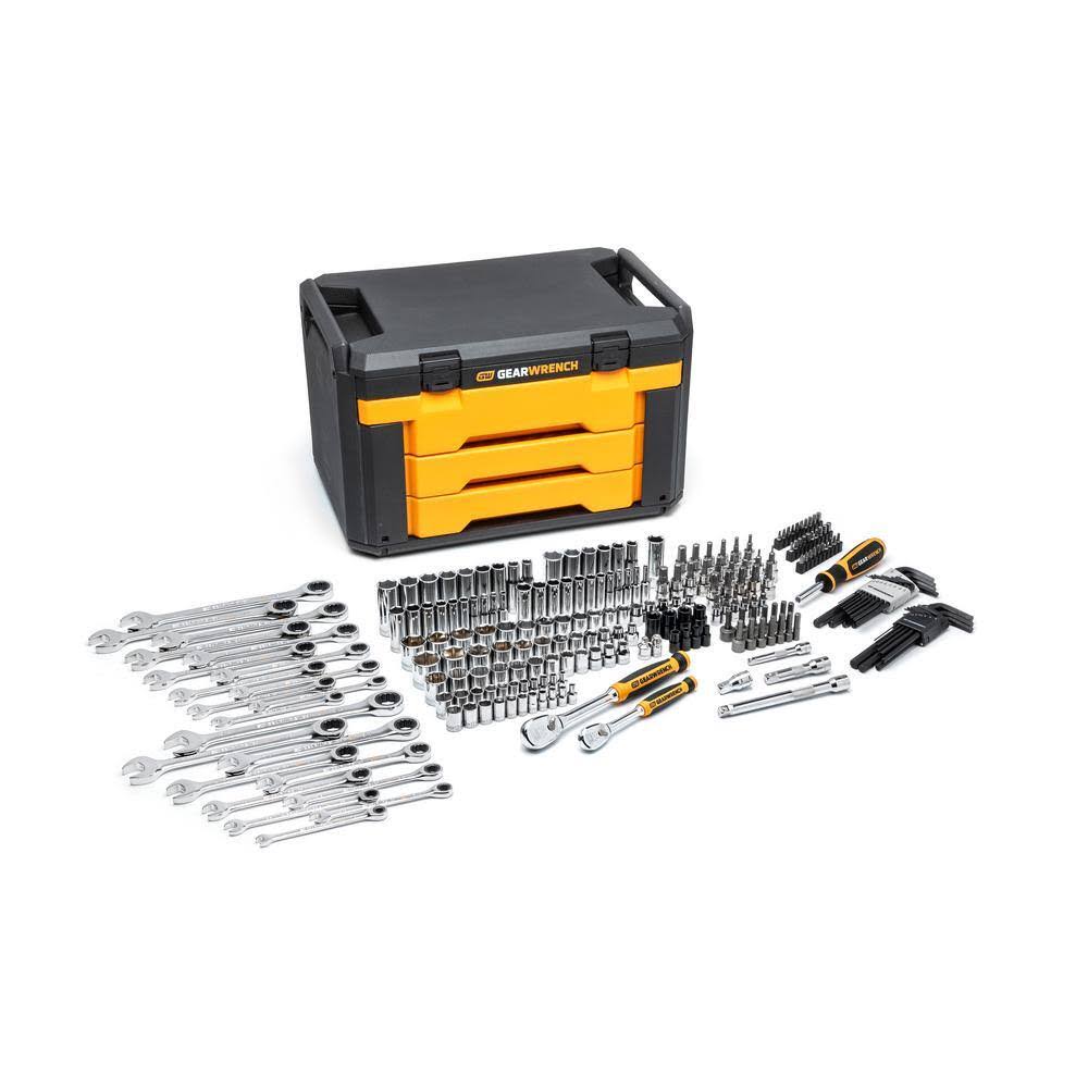 140cbc1f6e9d1b641c47d402c1752f0d8f28a5e7441a772eef279fce76836ad8.jpg GearWrench 1/4 in. and 3/8 in. Drive 90-Tooth Standard and Deep SAE/Metric Mechanics Tool Set in 3-Drawer Storage Box (232-Piece) - Image 1