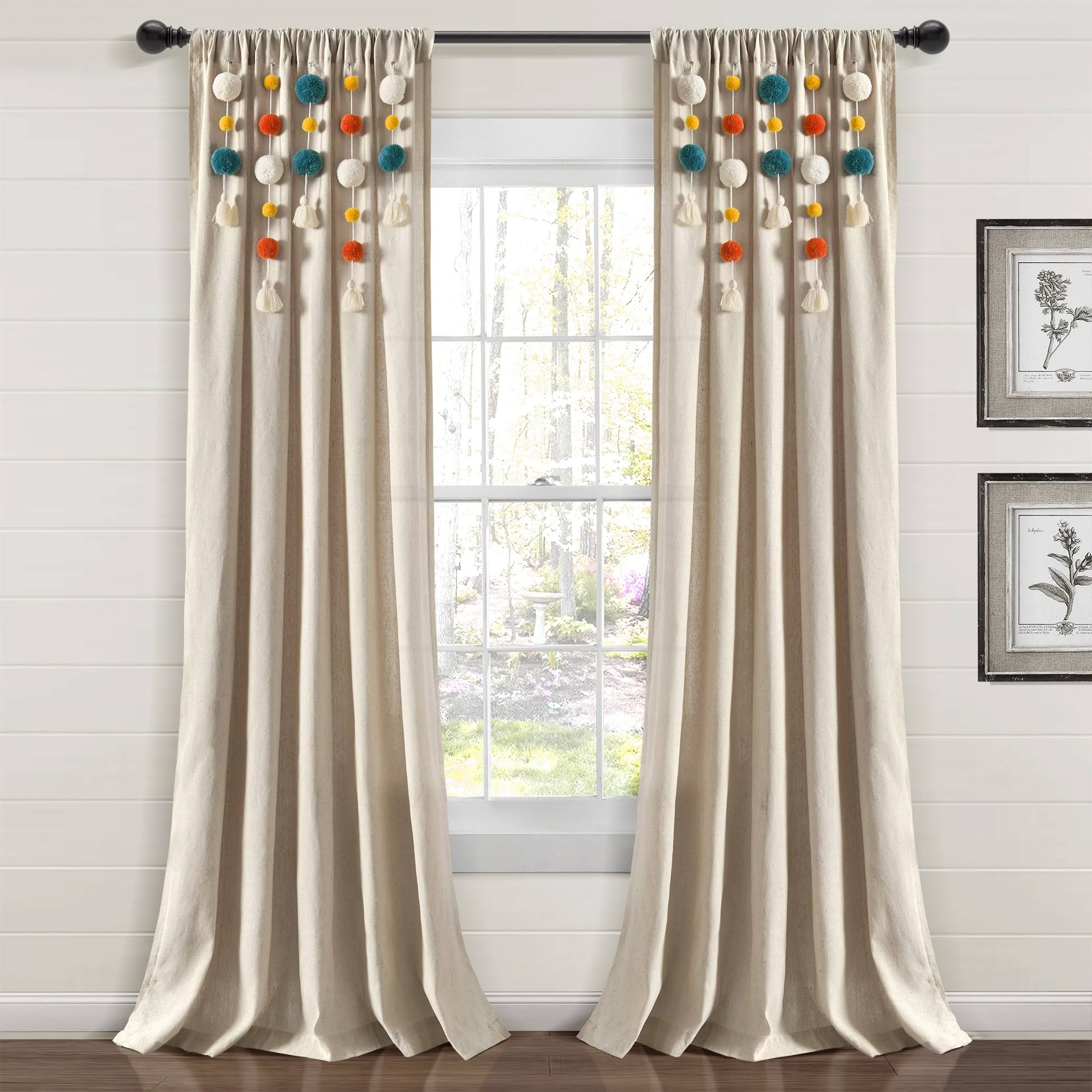 142f4fa712642dcf1691c25856a5597b5eb34165bd73c6faecb2792c92afcd62.jpg Lush Decor Boho Pom Pom Tassel Linen Window Curtain Panel Turquoise/Orange Single 52x84 - Image 1
