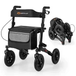 2-in-1 Folding Rolling Rollator Walker with Seat, 9" All-Terrain Pneumatic Tires & Height Adjustment, Aluminum Mobility Walking Aid for Seniors