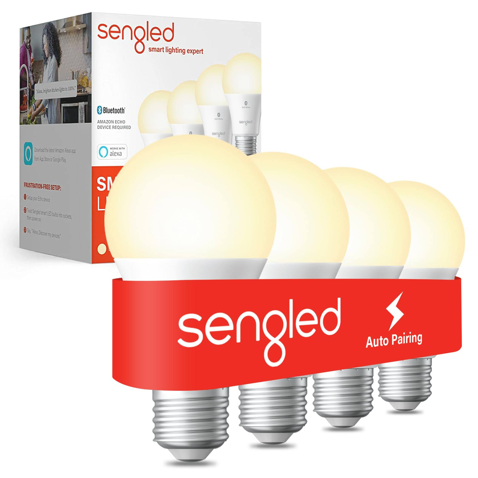 1492babf4e0ed95e594a1224ad68a42973a524957f7cdb6ef57f0843dcf0ff94.jpg Sengled - Smart A19 LED 60W Bulbs Bluetooth Mesh Works with Amazon Alexa (4-Pack) - Soft White - Image 1