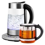 Ovente Electric Glass Kettle 1.7 Liter ProntoFill Technology, Stainless Steel with Teapot, Silver KG733SFGK27B