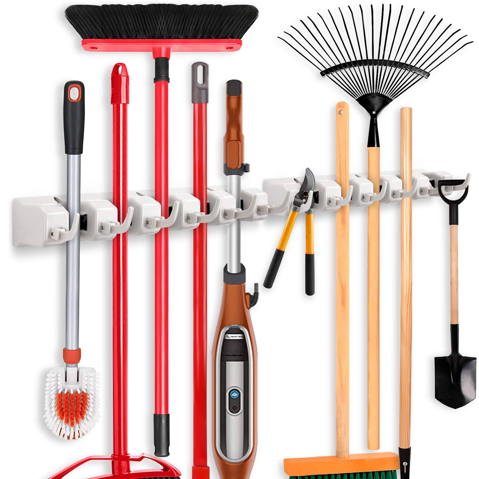 14d822b79a8c94c9f0c488324fd155f1d3bd4fa750c47568ac14e643f6276b78.jpg 2 Pack IMILLET Mop and Broom Holder, Wall Mounted Organizer-Mop and Broom Storage Tool Rack with 5 Ball Slots and 6 Hooks (Gray) - Image 1