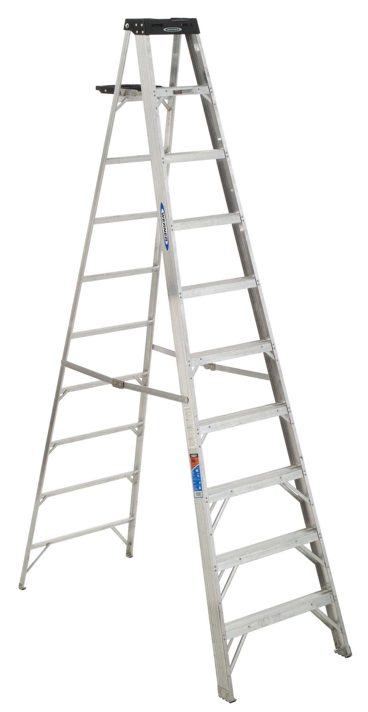 14e0f4467804632e40bdfa629a64f24660e5de9c3897f0b76a866f883c05672b.jpg Werner 10 ft. Aluminum Step Ladder 300 lb. Type IA(310)-Instock - Image 1