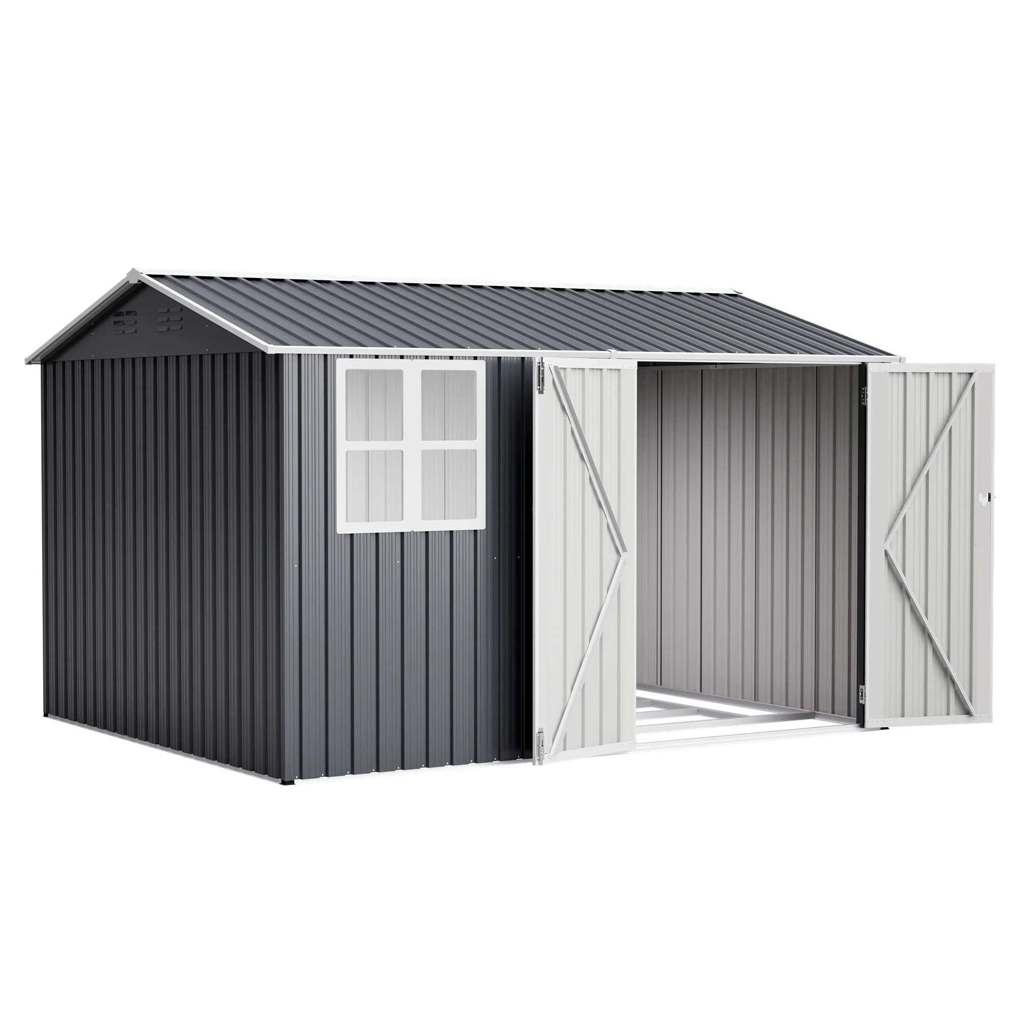 14ea6c46aa59465f3352730d1f7fc48a502d4818e8f69a693c8f9775dbf8e016.webp AECOJOY 10x8FT Outdoor Steel Storage Shed with Clear Window, Weather-Resistant Metal Tool Shed, Gray - Image 1