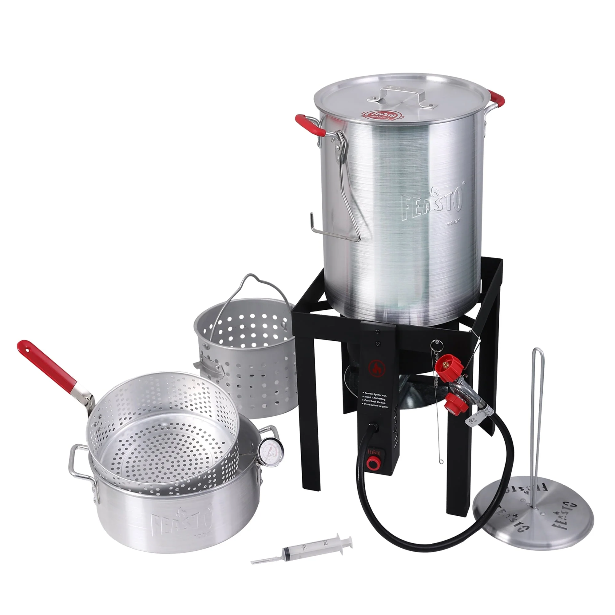 150d16a82d7d0e381c3908a3840b6f81ff31a89deb8fa82ed788a3d5074864ff.webp FEASTO Turkey Fryer and Fish Boiler Set with 30 Qt and 10 Qt Aluminum Pots Set, Auto Ignition, 55000BTU Propane Burner for Outdoor Cooking - Image 1