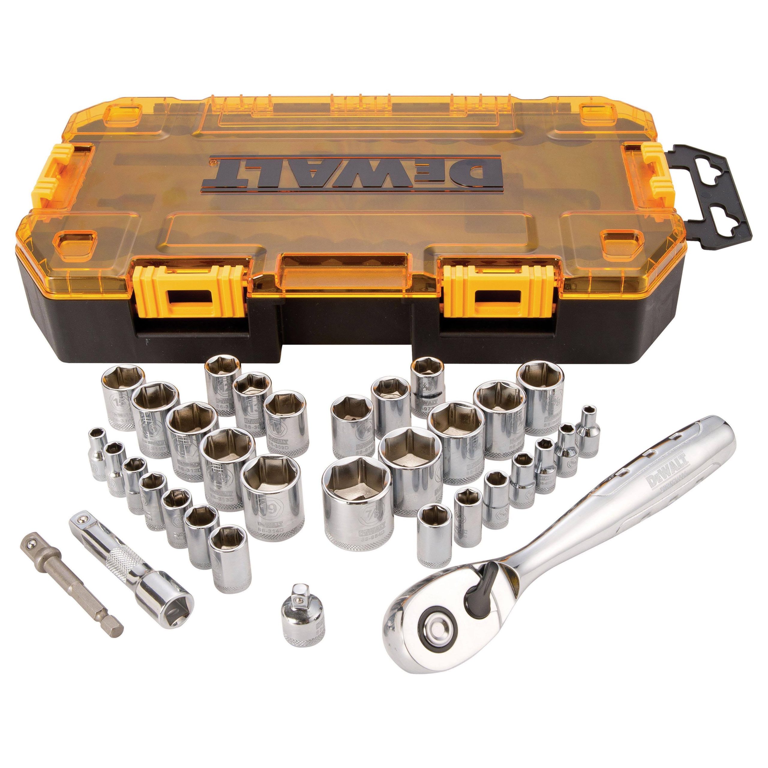15312841873a9bbc8e3eaac1ce9ab9ca1ff6fa8b2cb0e8726b7f3b1d3a5d9ebd.jpg Dewalt Socket Set, 1/4 Inch X 3/8 Inch Drive, 34 Pieces - Image 1
