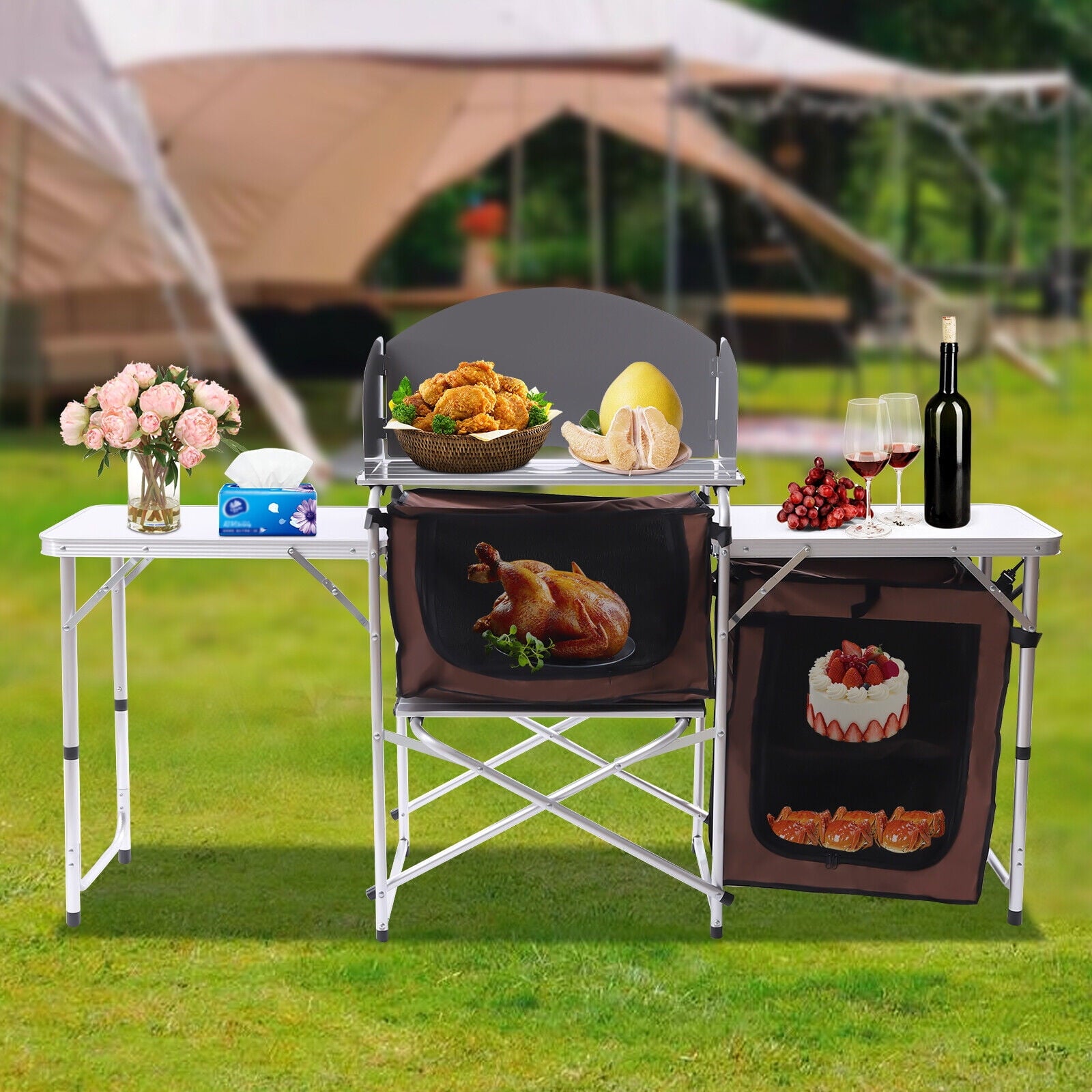 1574551c9c8f84706995b7f408f303d439bbdb2e946720e08368cc1d2dd30865.jpg Camping Table with Storage Organizer and Windscreen Portable Outdoor Cooking Table Foldable Camp Table Camping Kitchen Station with 2 Side Tables for BBQ Grill Picnics - Image 1