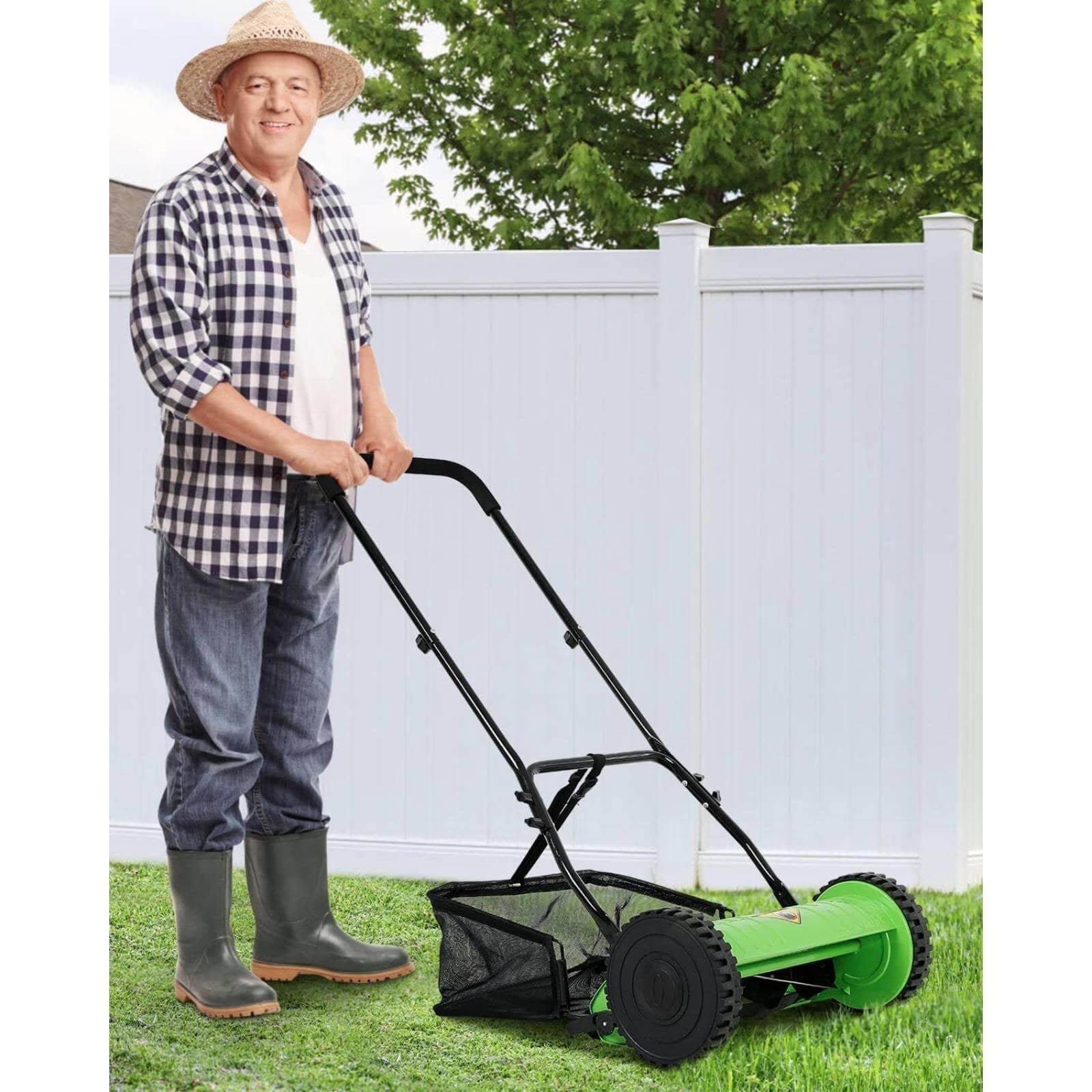 158638127fd379534c12e75988b381e74085a2c5ae841dbc1c55248f6633737d.jpg NiamVelo 2 Wheels Push Lawn Mower 15-inch Adjustable Cutting/ Handle Height Walk-Behind Lawn Mowers with Grass Catcher, Green - Image 1