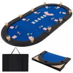 82" x 42" 10-Player Triple-Fold Poker Table Top, Portable Padded Oval Poker Card Table Topper w/ Carrying Bag & Cup Holders, Folding Casino Mat
