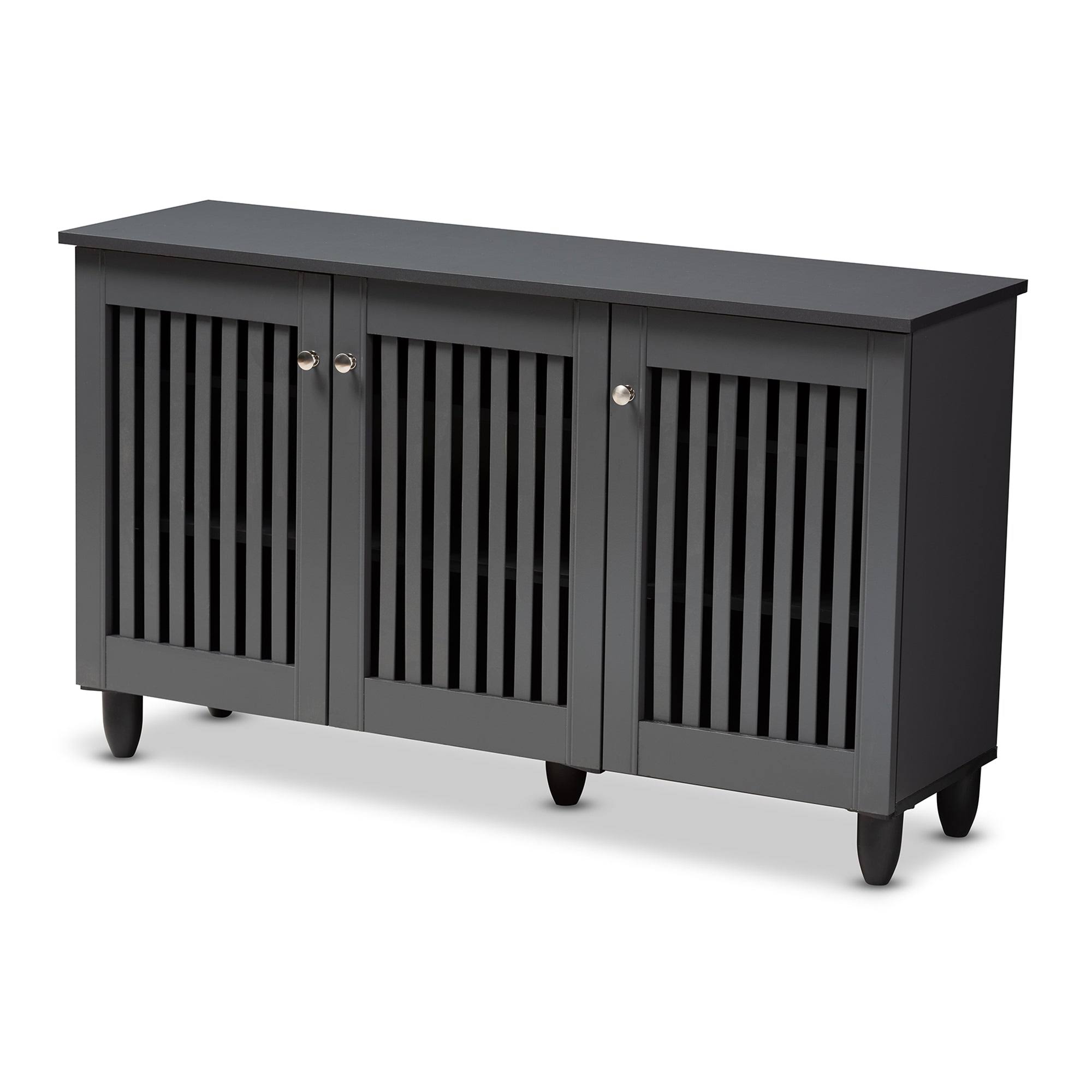 15e95c71e4ef63dfeefd1e4000d4e189bf8e02b6fbfd6316b79b8a9416240728.jpg Baxton Studio Fernanda Dark Gray 3-Door Wooden Entryway Shoe Storage Wide Cabinet - Image 1