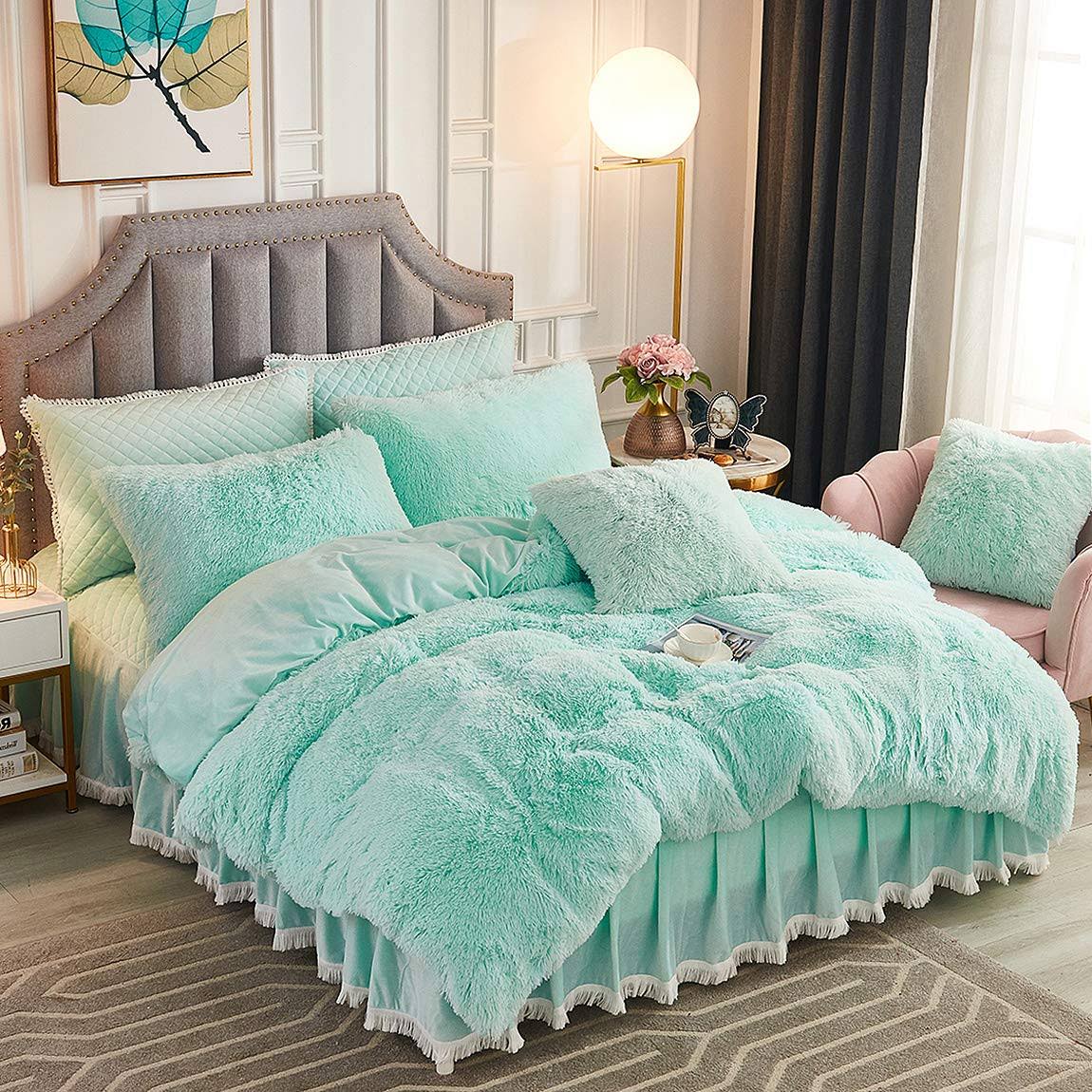 15f523ba9b211fde3420f3024bfc3f3ec5a77032e32b889b1a51aba7f76a1796.jpg JAUXIO Luxury Faux Fur Bedding Set Shaggy Comforter Duvet Cover with Pillow Sham Ultra Soft Home Decoration (Twin, Aqua) - Image 1