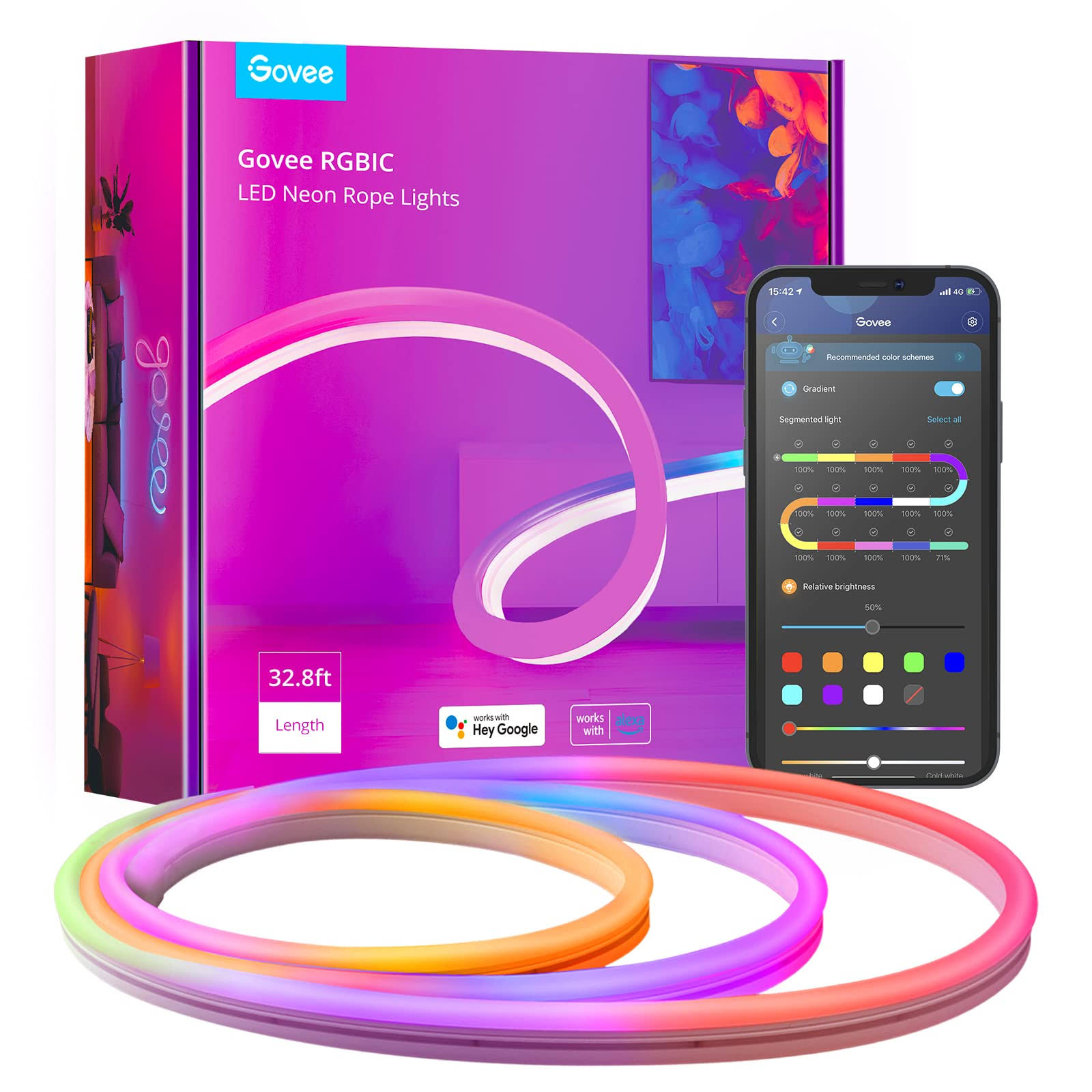 1646cb81292ca6d8a3dca4cb5ca7b57afe2d6818023ff1df226e4086740b5277.jpg Govee 32.8ft Neon Rope Light, RGBIC Rope Lights with Music Sync, DIY Design, Works with Alexa, Google Assistant, Strip Lights for Bedroom, Living - Image 1