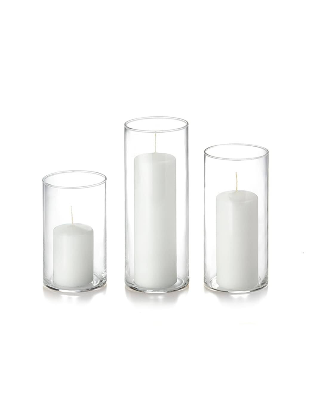 164b495cf08d8d45eac75e25545b8a5650f078fc77a681ca1e4965cd5d83d982.jpg Yummi Set of 36 Slim Pillar Candles and Cylinder Vases - White - Image 1