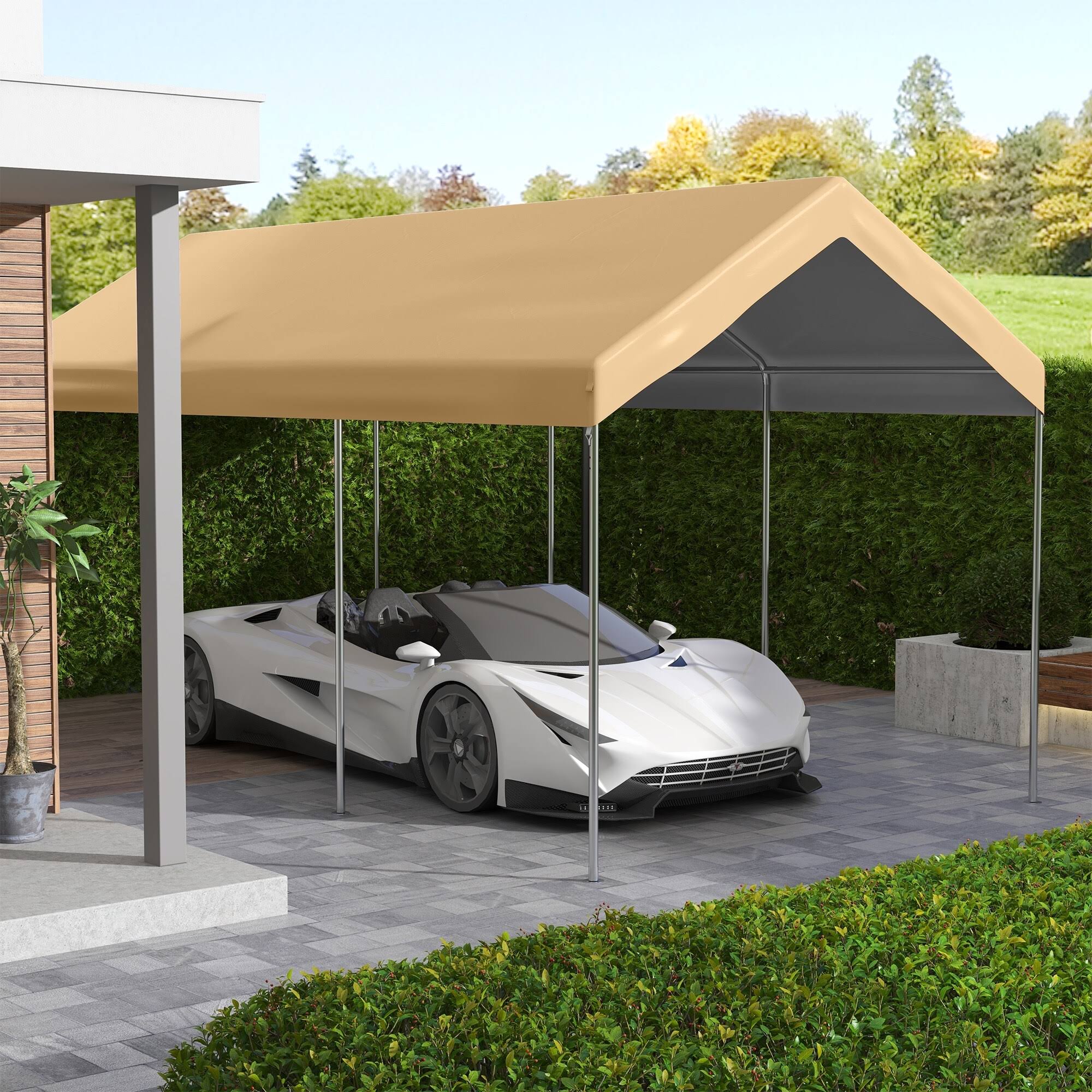 166225b2b369c8fe8417f6e0dfccb731e10f5e35e3884bb33ceae222c87b5afc.jpg Outsunny 10 x 20 ft Canopy Replacement Cover, Carport Roof with Ball Bungee Cords, Beige - Image 1