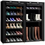 TXT&BAZ 27-Pairs Portable Boot Rack Double Row Shoe Rack Covered with Nonwoven Fabric(7-Tiers Black)