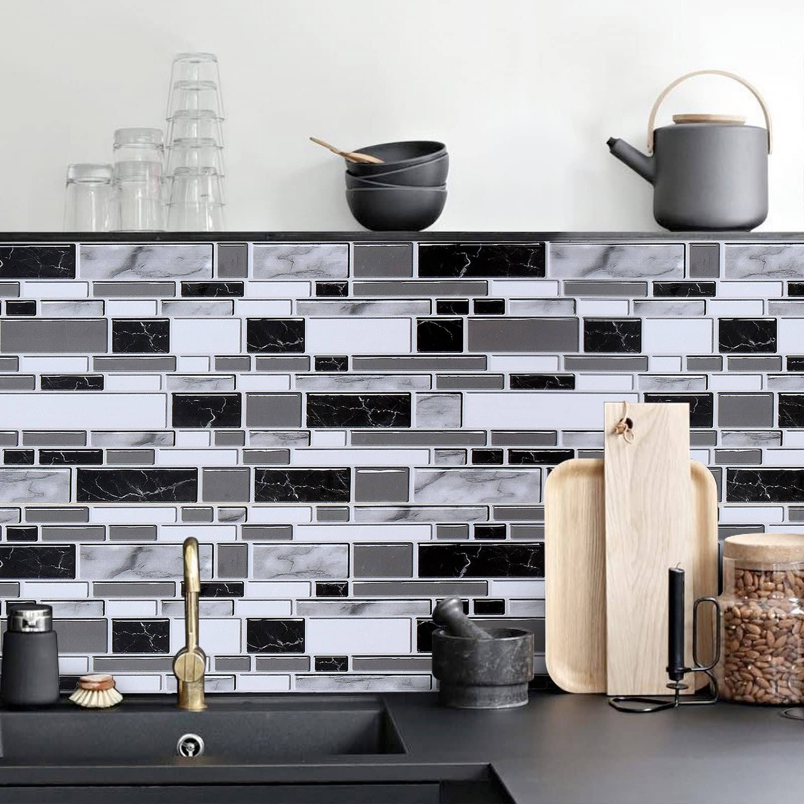 1683f6432f72b91ef510b89e61e717dd28cc8b388379fb84a5e07bf5e18c9a49.jpg Livebor Black and White Peel and Stick Backsplash Kitchen Wallpaper 11.8inchx78.7inch Bathroom Wallpaper for Kitchen Backsplash Waterproof Contact - Image 1