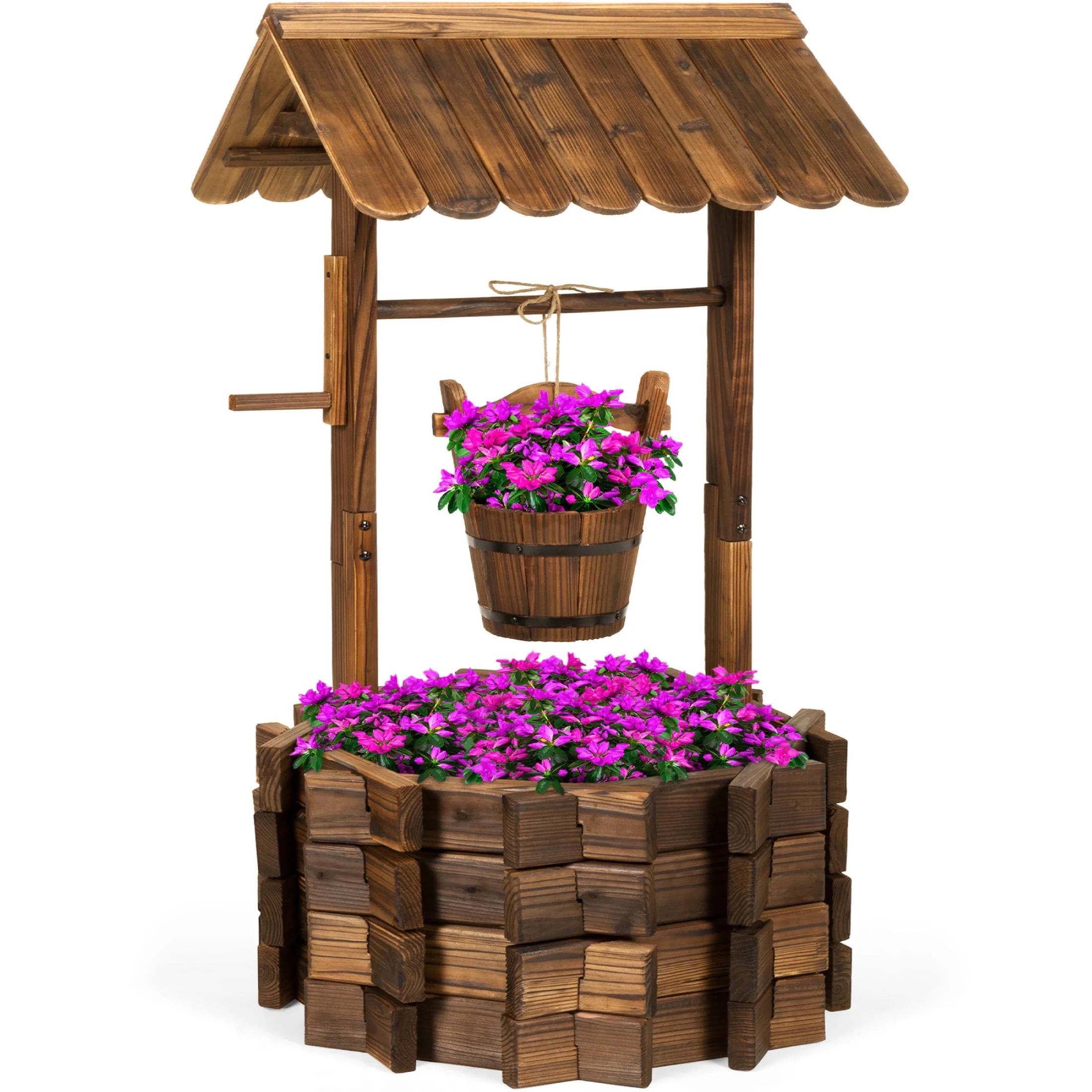 16ab079176d44865fe6ac847bc397ea7d7cd4d695afa5d6f762e4afef0b95e1b.webp Best Choice Products Rustic Wooden Wishing Well Planter Outdoor Home Decor for Patio, Garden, Yard W/ Hanging Bucket - Image 1